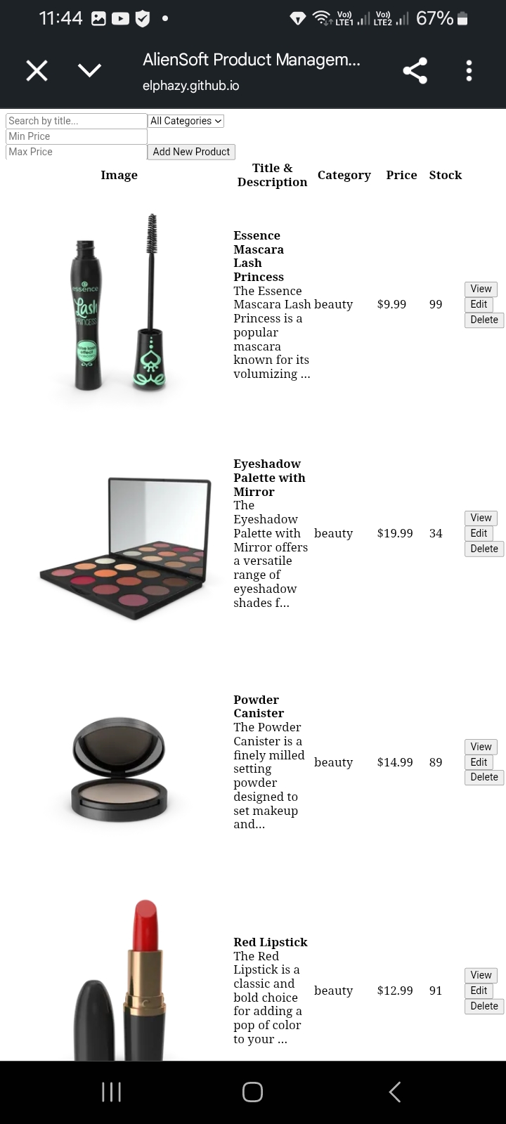 Product Management Dashboard with product list and search